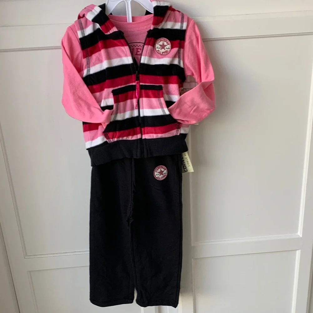 Converse Pink Black White Striped Hoodie Set